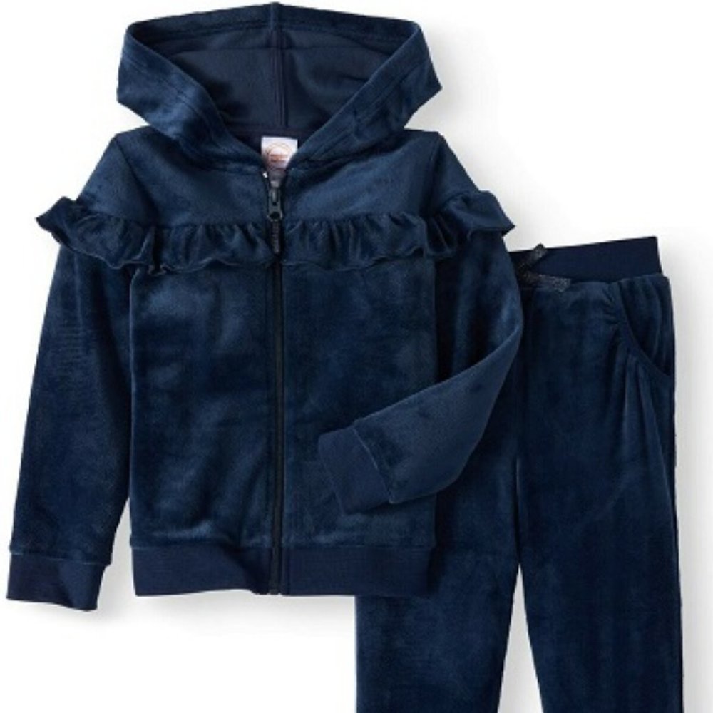Toddler Girls' Ruffle Velour 2 piece Dark Blue Hoodie set Size 2T NEW!